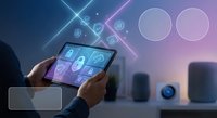 Smart home automation control tablet with IoT interface showing security, lighting and device management in modern connected living room setup.