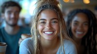 Young woman with bright smile and blonde dreadlocks looking at camera while spending time with friends in cozy cafe atmosphere. Natural candid lifestyle moment.