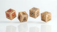 Wooden dice with environmental sustainability symbols including recycling, renewable energy, and eco-friendly icons on white background.