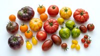 Colorful heirloom tomatoes variety collection on white background. Fresh organic vegetables for cooking, salads and healthy eating isolated.