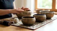 Hands positioned over traditional Tibetan singing bowls during meditation session with wooden mallet on decorative mat in peaceful indoor setting.
