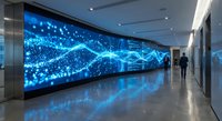 Modern office corridor with large digital display showing blue data visualization and network connections for corporate technology presentations.