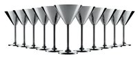Row of empty martini cocktail glasses arranged in line on white background isolated for bar restaurant menu design and beverage service concepts.