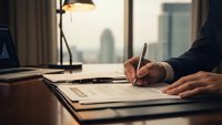 Professional businessman writing notes at modern office desk with laptop and city view background for corporate planning and productivity.