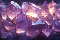 Glowing purple amethyst crystal clusters with natural light refraction creating ethereal illumination and translucent facets in macro photography view.