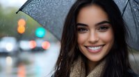 Young Hispanic woman with bright smile holding black umbrella in rain, wearing beige sweater against blurred city lights and bokeh background.