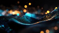 Glowing blue digital wave with golden bokeh lights on dark background creates futuristic technology visualization for business and science presentations.