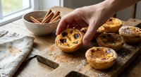 Hand reaching for freshly baked Portuguese custard tart on rustic wooden cutting board in warm kitchen setting with cinnamon sticks and baking tools.