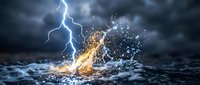 Lightning strike hitting turbulent ocean waves with explosive water spray and golden light burst during stormy weather conditions.