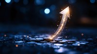 Glowing golden arrow rises upward against dark blue bokeh background with water droplets, symbolizing growth, success and positive business momentum.