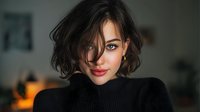 Young woman with short wavy dark hair and blue eyes wearing black turtleneck sweater in soft ambient lighting, creating intimate portrait atmosphere.