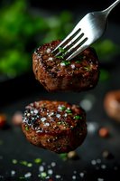 Juicy grilled beef medallions with sea salt and fresh herbs on dark background. Fork piercing through tender meat showcases perfectly cooked steak texture.
