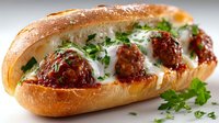Delicious meatball submarine sandwich with melted cheese and fresh herbs on crusty bread roll, perfect for restaurant menus and food advertising.
