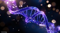 Glowing DNA strand with purple and blue neon particles on dark background, genetic research concept visualization with bokeh light effects and sparkles.