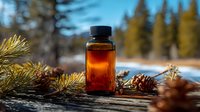 Amber glass bottle of pine essential oil in natural forest setting with pine branches and cones, showcasing organic aromatherapy product outdoors.