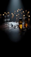Medical vials and syringes on dark surface with dramatic lighting and bokeh background for pharmaceutical research and healthcare concepts.