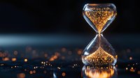 Glowing hourglass with golden sand particles against dark background with bokeh lights creates magical atmosphere for time management concepts.