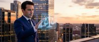 Professional businessman using holographic technology interface on city rooftop at sunset, displaying futuristic digital innovation and smart business solutions.