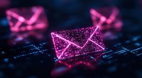 Glowing pink digital mail envelope icon on dark blue circuit background with bokeh effect, representing electronic communication and data transfer.