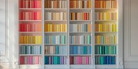 Colorful rainbow gradient bookshelf with books arranged by color from red to blue in modern white built-in library shelving unit against bright wall.