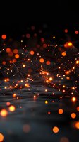 Abstract network of glowing orange connections and light particles against dark background, creating futuristic technology visualization for digital concepts.