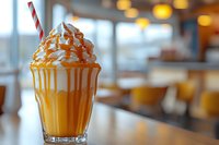 Caramel frappuccino topped with whipped cream and drizzled sauce in glass, served with striped straw against blurred cafe interior background.