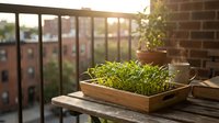 Young seedlings growing in wooden tray on urban balcony table with brick wall and window. Gardening, spring planting concept.