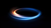 Glowing light trail effect with orange and blue neon colors forming circular ring shape on black background, abstract modern design element.