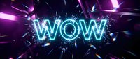 Glowing neon WOW text with electric energy effects and purple lighting bursts on dark background for digital marketing and promotional content.