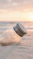 Glass jar with wooden lid lying on sandy beach at sunset with soft pink sky and blurred ocean waves in background creating peaceful coastal atmosphere.