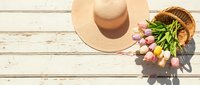 Spring gardening flat lay with straw hat, wicker basket and pink tulips on white wooden background. Seasonal hobby and outdoor activity concept.