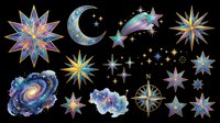 Celestial clipart set with stars, moon, galaxy, compass rose, and shooting stars in blue and gold, isolated on transparent background for stickers, sublimation, and t-shirt design.