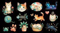 Colorful cat collection featuring tabby, orange, and black cats with decorative floral elements, yarn balls, fish bones, and playful poses. Isolated on transparent background, ready for t-shirts, stickers, clipart, and print-on-demand designs.