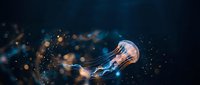 Glowing jellyfish swimming in dark ocean water with bioluminescent tentacles and sparkling light particles creating magical underwater atmosphere.