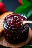 Fresh raspberry jam in glass jar with vintage spoon, close-up view showing rich texture and seeds against dark wooden background. Food photography.