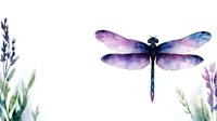 Watercolor dragonfly with purple and blue wings hovers among delicate green foliage and lavender flowers, creating ethereal nature artwork on white background.