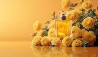 Elegant perfume bottle surrounded by fresh yellow roses on golden background with reflection, creating luxurious beauty product composition for cosmetic advertising.