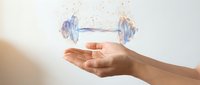 Hands holding floating watercolor dumbbell illustration, fitness and strength training concept for wellness, gym, and exercise design projects.