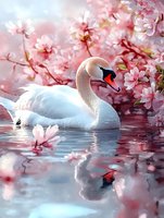 Graceful white swan swimming among blooming cherry blossoms, reflection in calm water creates dreamy spring atmosphere with soft pink petals floating on surface.