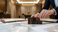Businessman arranging wooden blocks spelling Future Growth on a marble desk with blueprints, symbolizing strategic planning and business development.