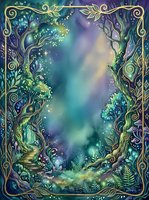 Enchanted forest portal with ornate golden frame, glowing magical lights, and mystical vegetation in teal, purple, and emerald tones. Fantasy woodland scene for book covers, wall art, and creative projects.
