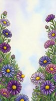 Watercolor floral frame with purple asters and daisies on pastel background, botanical border design for greeting cards and wedding invitations.