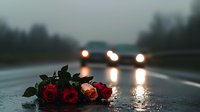 Red roses lying on wet asphalt road with defocused car headlights in rainy weather, creating moody atmospheric scene with water reflections and bokeh effect.