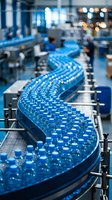 Plastic bottles moving along curved conveyor belt in modern beverage manufacturing facility with industrial equipment and workers in background.