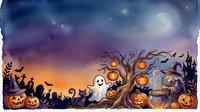Spooky haunted night scene with glowing jack-o-lanterns, ghost, bare tree, castle, and full moon. Perfect for seasonal designs and Halloween projects.