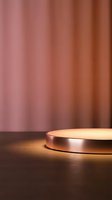 Elegant copper podium display stand with warm lighting on wooden surface against gradient background for luxury product presentation and branding.