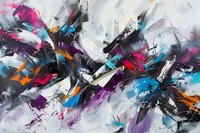 Dynamic abstract painting with vibrant splashes of blue, pink, purple, and orange against white and gray background, featuring energetic brushstrokes and expressive movement.