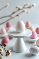 Easter composition with white egg on pedestal surrounded by pink eggs and spring cherry blossoms on light background, minimal holiday styling.