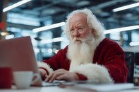 Senior Caucasian man with white beard in red sweater working on laptop computer in modern office environment during holiday season.