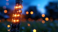 Illuminated cell tower at dusk with glowing orange lights against blurred bokeh background creating atmospheric urban nightscape mood.